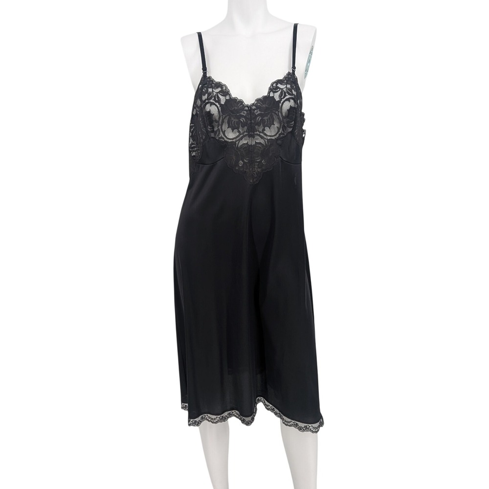 Vtg Black Floral Lace Full Slip Nightgown Lingerie Romantic Coquette Size 38/16